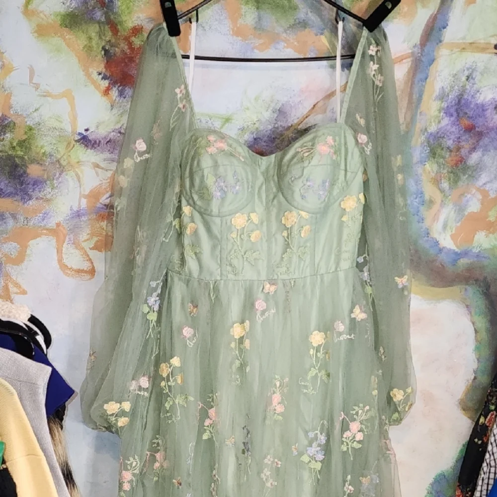 Elegant Floral Fairy Princess Corset Lng Sleeve Maxi Dress in Green Pink Floral - Picture 1 of 14